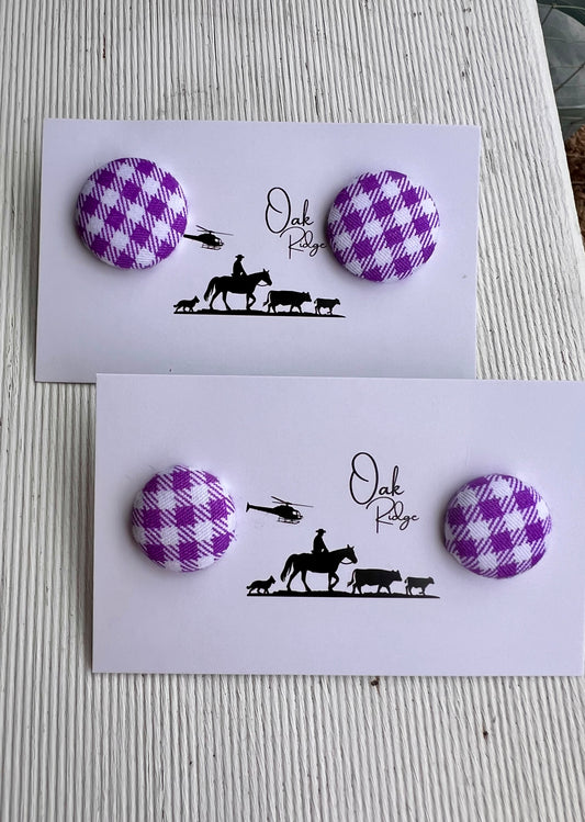 Purple & White Gingham - Fabric Button Earring