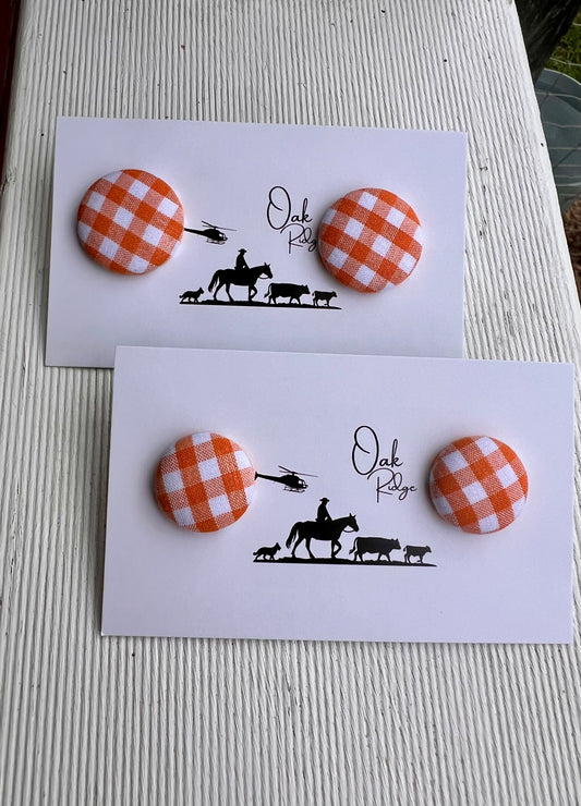 Orange & White Gingham - Fabric Button Earring