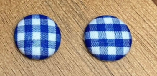 Dark Blue & White Gingham - Fabric Button Earrings