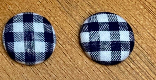 Navy & White Gingham - Fabric Button Earrings